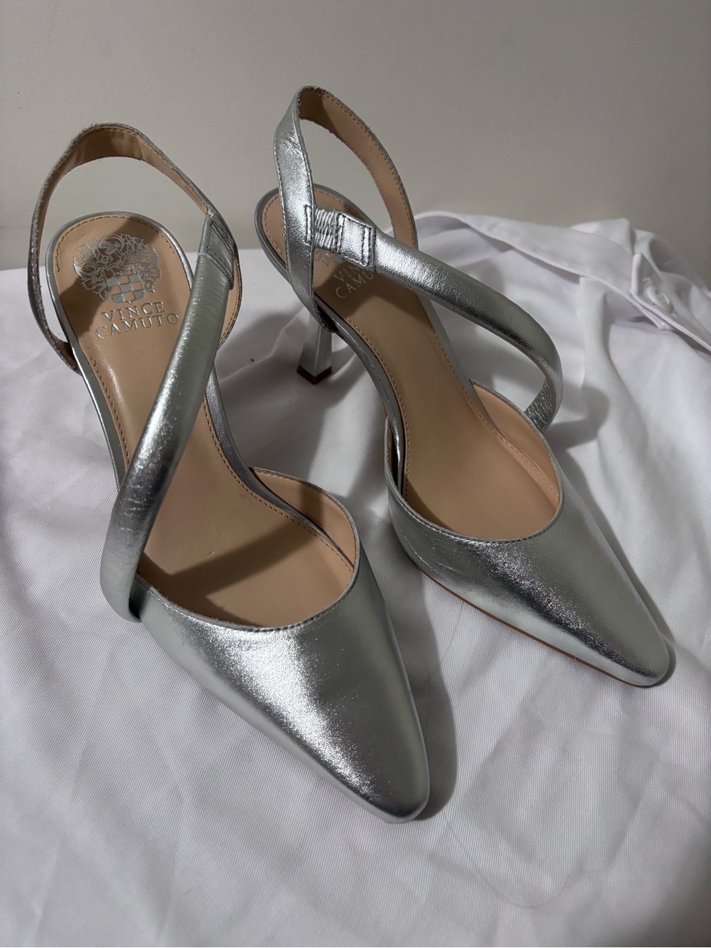 Vince Camuto Metallic Silver Pointed Slingback Heels